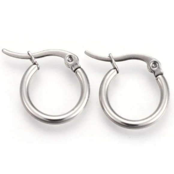 Small 14mm Hoop Pierced Post Stud Earrings Silver Tone - Picture 1 of 6